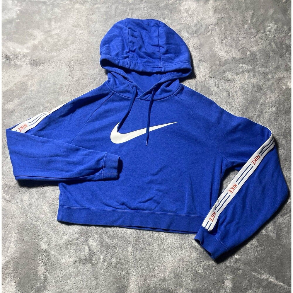 Nike Womens Blue Cropped Hoodie Logo Tape Long Sleeve Sweatshirt Small